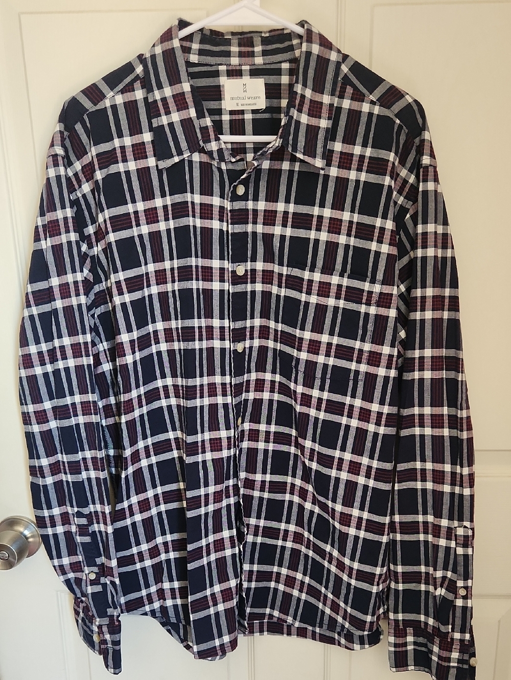 Men's Plaid Button-Up Shirt in Navy, White & Red - Casual Long Sleeve